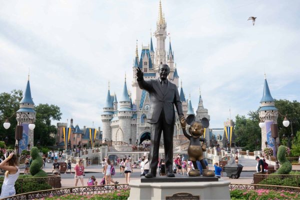 July 15, 2018 - Orlando, FL, USA - The statue of Walt Disney and Mickey Mouse in front of Cinderella Castle located in the Magic Kingdom at Walt Disney World Resort on July 15, 2018 in Orlando, Florida. (Credit Image: © Bryan Smith via ZUMA Wire)