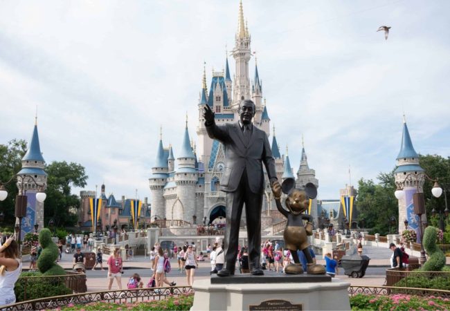 July 15, 2018 - Orlando, FL, USA - The statue of Walt Disney and Mickey Mouse in front of Cinderella Castle located in the Magic Kingdom at Walt Disney World Resort on July 15, 2018 in Orlando, Florida. (Credit Image: © Bryan Smith via ZUMA Wire)
