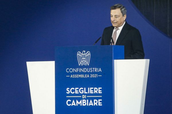 Il presidente del consiglio Mario Draghi, durante lAssemblea 2021 di Confindustria, Roma 23 settembre 2021. ANSA/FABIO FRUSTACI