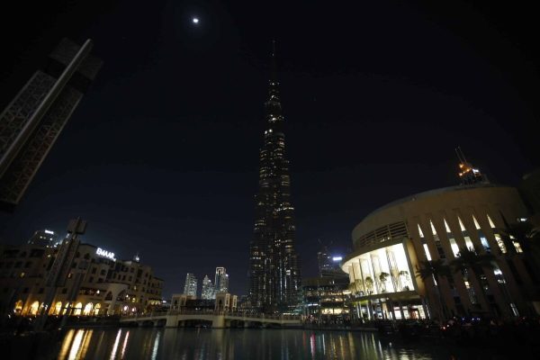 epa06626963 The world's tallest building, the Burj Khalifa with the illumination switched off during the celebration of the 'Earth Hour' in Dubai, United Arab Emirates, 24 March 2018. Earth Hour is an annual event in which lights are switched off in major cities around the world to draw attention to energy consumption and its environmental effects.  EPA/ALI HAIDER