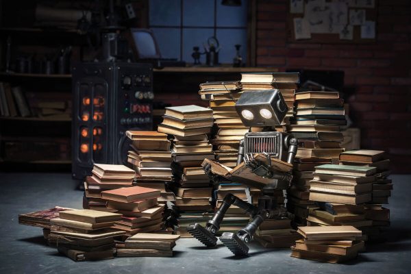 Robot-child reading a book in the workshop of its creator