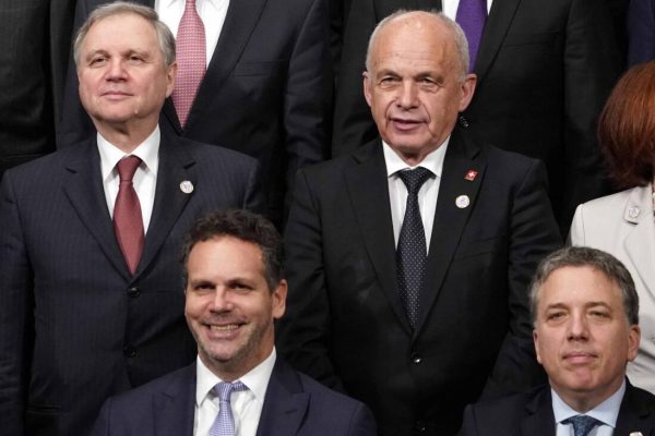 epa07636687 Bank of Italy Governor Ignazio Visco (rear L), Swiss Finance Minister Ulrich Maurer (rear R), Central Bank of Argentina Governor Guido Sandleris (front L) and Argentina's Treasury Minister Nicolas Dujovne (front R) pose during the family photo of the G20 Finance Ministers and Central Bank Governors Meeting in Fukuoka, southwestern Japan, 09 June 2019. The G20 finance ministers and central bank governors meeting is taking place in Fukuoka on 08 and 09 June.  EPA/FRANCK ROBICHON