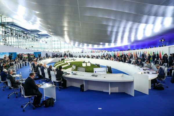 (211030) -- BEIJING, Oct. 30, 2021 (Xinhua) -- Photo taken on Oct. 30, 2021 shows a view of the Group of Twenty (G20) Leaders' Summit held in Rome, Italy. (Xinhua/Zhang Cheng)