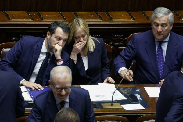 Italian Prime Minister Giorgia Meloni, Italian Minister for Infrastructure and Deputy Prime Minister Matteo Salvini and Italian Foreign Minister and Deputy Prime Minister Antonio Tajani at the Chamber of Deputies for a confidence vote on new government in Rome, Italy, 25 October 2022.
ANSA/FABIO FRUSTACI