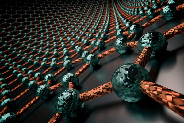 3D rendering of graphene surface, blue atoms and orange bonds, glossy black surface