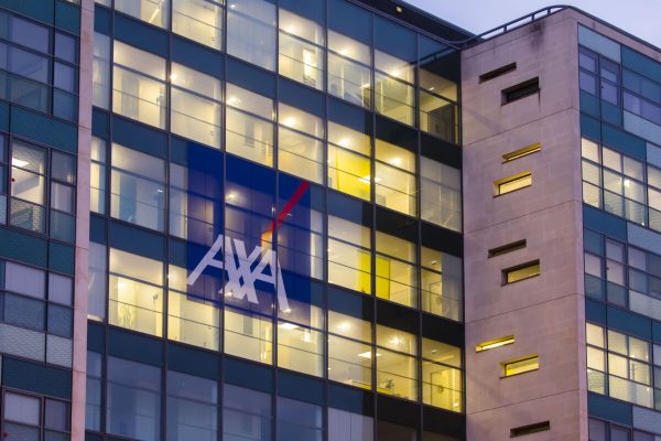 January 8, 2021, Nanterre, France, France: Nanterre, France January 8, 2020 - The logo of French insurance group ''AXA'' sits on an office building at ''La Defense'' business district. Unlike the United Kingdom or Germany, the French government seems to have ruled out the option of total containment to counter the third wave of COVID19. However, Prime Minister Jean Castex warns of the danger of the current epidemic situation and the curfew is maintained at 8 p.m. everywhere in France...ECONOMIE, ILLUSTRATION, GENERIQUE, LA DEFENSE, FINANCE, QUARTIER DES AFFAIRES, AMBIANCE, ATMOSPHERE, MARCHE FINANCIERS, BOURSE, ENTREPRISE, BUREAUX, EMPLOI, CONJONCTURE, AXA, CAC40, ASSURANCE, LOGO, BUREAUX. (Credit Image: © Vincent Isore/IP3 via ZUMA Press)