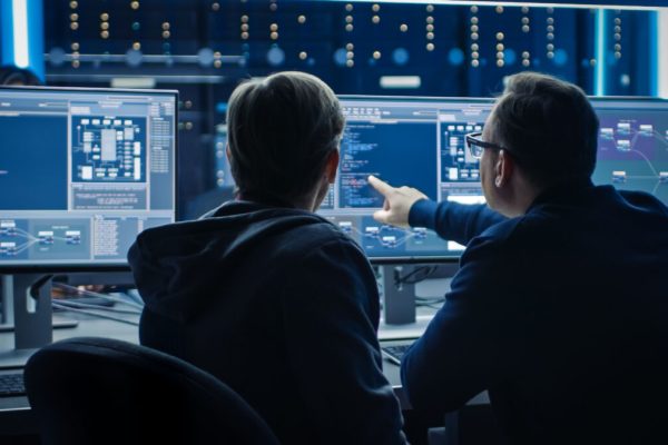 Two,Professional,It,Programers,Discussing,Blockchain,Data,Network,Architecture,Design
