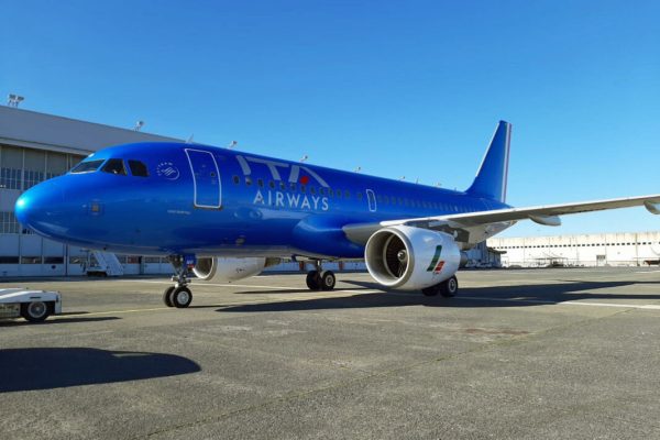 The fourth Ita Airways aircraft, an Airbus A319, with the new livery dedicated to another champion of Italian sport, the cyclist Gino Bartali on the runway of Rome's Leonardo da Vinci Airport in Fiumicino, Italy, 08 February 2022.
ANSA/ Telenews