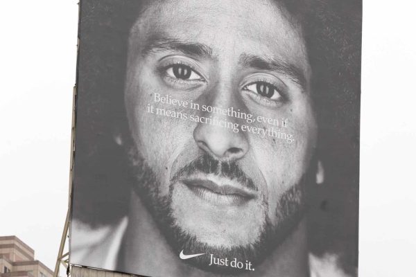 epa06999826 A Nike billboard featuring an image of NFL quarterback Colin Kaepernick is seen near Union Square in San Francisco, California, USA, 05 September 2018. Nike announced Kaepernick as the face of its new 'Just Do It' ad campaign which has led to public reaction in both directions and an initial impact on the company's stock value.  EPA/D. ROSS CAMERON