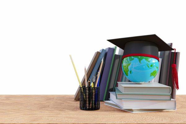 Graduation,Hat,With,Stack,Books,On,Wood,Table.,3d,Render