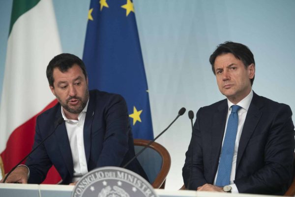 Italian Prime Minister Giuseppe Conte (R) with Italian Deputy Premier and Interior Minister, Matteo Salvini, attend a press conference after a Cabinet at Chigi Palace in Rome, Italy, 11 June 2019.
ANSA/MAURIZIO BRAMBATTI