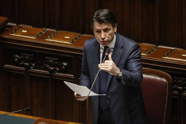 Italian Prime Minister Giuseppe Conte reports to parliament on the measures taken to counter the spread of the coronavirus in Italy, Rome 25 March 2020.. ANSA / FABIO FRUSTACI