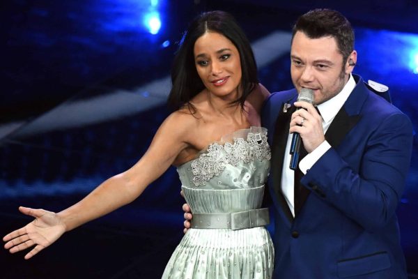 Palestinian journalist Rula Jebreal and Italian singer Tiziano Ferro perform on stage at the Ariston theatre during the 70th Sanremo Italian Song Festival, Sanremo, Italy, 04 February 2020. The festival runs from 04 to 08 February. ANSA/ETTORE FERRARI