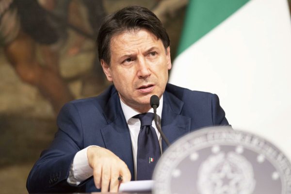 epa08420434 A handout photo made available by the Chigi Palace Press Office shows Italian Prime Minister, Giuseppe Conte, attending a press conference during a break of the Cabinet for the "Relaunch" Law Decree (dl Rilancio) at the Chigi Palace in Rome, Italy, 13 May 2020.  EPA/FILIPPO ATTILI / HANDOUT  HANDOUT EDITORIAL USE ONLY/NO SALES