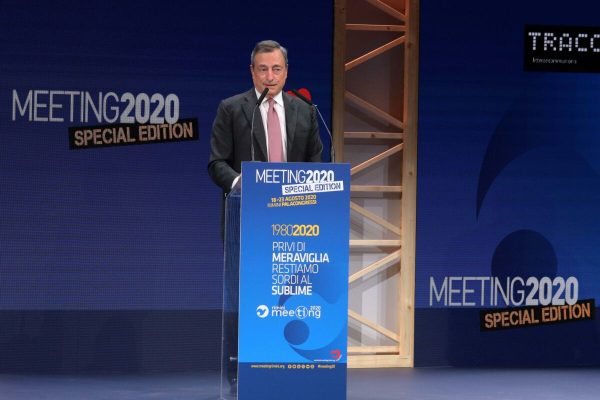 Italian economist and former president of the European Central Bank (ECB), Mario Draghi (C) attends at the Rimini Meeting (Meeting per l'amicizia fra i popoli, or Meeting for friendship among peoples) in Rimini, Italy, 18 August 2020.  ANSA/PASQUALE BOVE