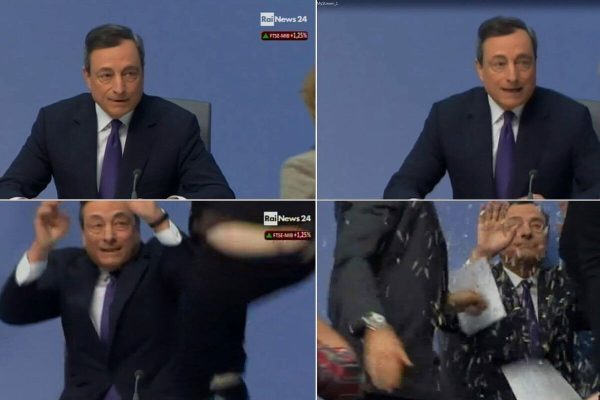 Nella combo realizzata con fermo immagine tratti da Rainews24 l'aggressione a Mario Draghi durante la conferenza stampa del presidente della Bce a Francoforte. Una donna, esponente del movimento Blockupy si è lanciata sul palco, lanciando dei confetti prima di essere bloccata dalle guardie del corpo, il 15 aprile 2015. ANSA/ RAINEWS24 +++ ANSA PROVIDES ACCESS TO THIS HANDOUT PHOTO TO BE USED SOLELY TO ILLUSTRATE NEWS REPORTING OR COMMENTARY ON THE FACTS OR EVENTS DEPICTED IN THIS IMAGE; NO ARCHIVING; NO LICENSING; NO TV +++