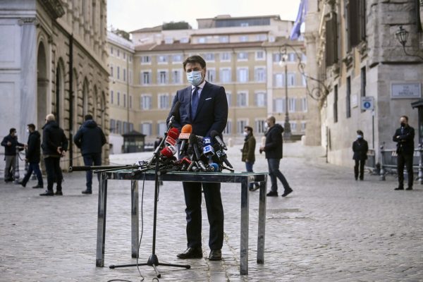 The outgoing Italian premier Conte meets the press in front of Chigi Palace, Rome, Italy, 04 February 2021. ANSA/RICCARDO ANTIMIANI