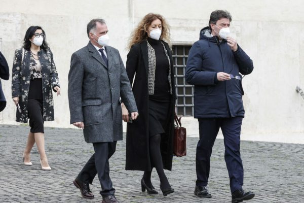 Ministers (from L) Massimo Garavaglia, Erika Stefani and Giancarlo Giorgetti leave the Quirinal at the end of the ceremony of the sworn of the Draghi Government, Rome, Italy, 13 February 2021.   ANSA/GIUSEPPE LAMI