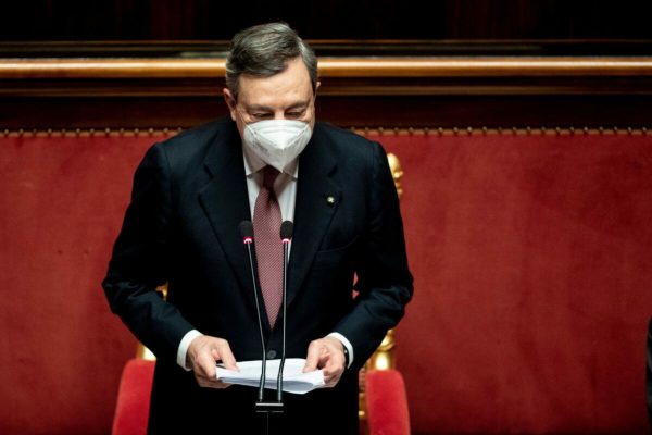 epa09017751 Italian premier Mario Draghi during his address to the Senate ahead of a confidence vote, in Rome, Italy, 17 February 2021.  Premier Mario Draghi and his new cabinet were sworn in before President Sergio Mattarella on 13 February 2021. The new government will face vote of confidence in the Senate on 17 February and later another vote in the lower chamber on 18 February. The executive led by the former president of the European Central Bank is a sort of government of national unity assembled to prevent the country having to hold early elections in the middle of the COVID-19 pandemic following the collapse of ex-premier Giuseppe Conte's administration.  EPA/ROBERTO MONALDO / POOL