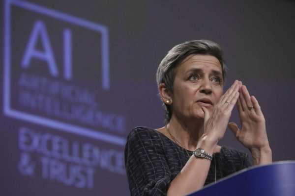 epa09149294 Executive Vice President of the European Commission for A Europe Fit for the Digital Age, Margrethe Vestager, gives a press conference on the EU approach to Artificial Intelligence following the weekly meeting of the EU Commission in Brussels, Belgium, 21 April 2021.  EPA/OLIVIER HOSLET / POOL