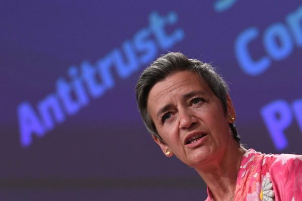 epa09257229 European Commission vice-president in charge Europe fit for the digital Margrethe Vestager speaks during a press conference on a competition sector inquiry at the EU headquarters in Brussels, Belgium, 09 June 2021.  EPA/JOHN THYS / POOL