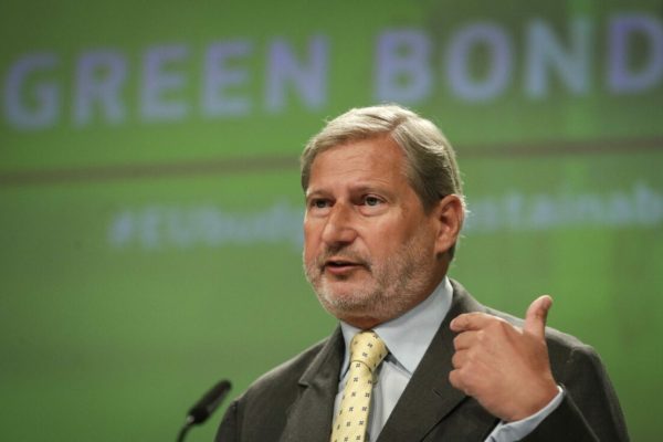epa09452813 EU Commissioner for Budget Johannes Hahn gives a press conference on the 'NextGeneration EU' Green Bonds Framework, at the European Commission in Brussels, Belgium, 07 September 2021. The European Commission has adopted an independently evaluated Green Bond framework, taking a step forward towards the issuance of up to 250 billion Euro from October 2021, subject to market conditions.  EPA/OLIVIER HOSLET
