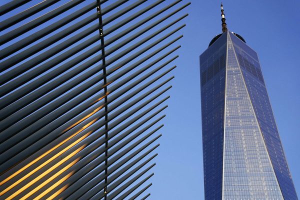 epa09459559 A photograph showing One World Trade Center in New York, USA, 10 September 2021. The building is positioned on the site of World Center Complex and the site of the former Twin Towers which were destroyed on 11 September 2001. The 20th anniversary of the worst terrorist attack on US soil will be observed on 11 September 2021.  EPA/WILL OLIVER