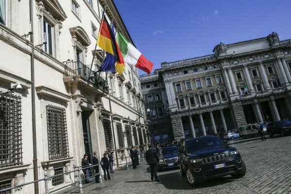 German Chancellor Angela Merkel arrive at Palazzo Chigi for a meeting with Italian Premier Mario Draghi, Rome, Thursday, Oct. 7, 2021. ANSA/FABIO FRUSTACI