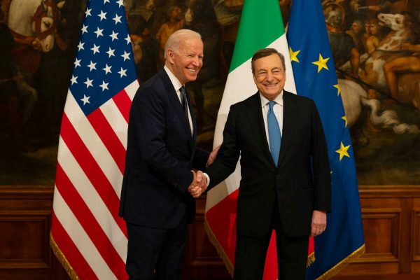 epa09552646 A handout photo made available on Chigi Palace twitter account shows Italy's Prime Minister Mario Draghi (R) and US President Joe Biden (L) during their meeting at the Chigi palace in Rome, Italy, 29 October 2021, ahead of an upcoming G20 summit of world leaders to discuss climate change, covid-19 and the post-pandemic global recovery.  EPA/CHIGI PALACE TWITTER / HANDOUT  HANDOUT EDITORIAL USE ONLY/NO SALES