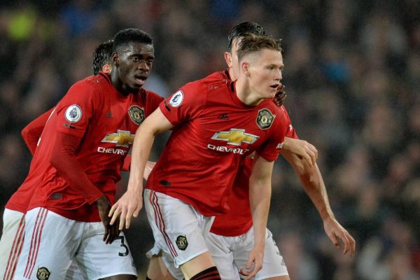 epa07883508 Manchester United's Scott McTominay (R) celebrates with teammates after scoring during the English Premier League soccer match between Manchester United and Arsenal London in Manchester, Britain, 30 September 2019.  EPA/PETER POWELL EDITORIAL USE ONLY. No use with unauthorized audio, video, data, fixture lists, club/league logos or 'live' services. Online in-match use limited to 120 images, no video emulation. No use in betting, games or single club/league/player publications