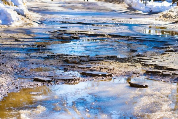 A,Broken,Sidewalk.,Puddles,On,The,Sidewalk,Due,To,Thawed