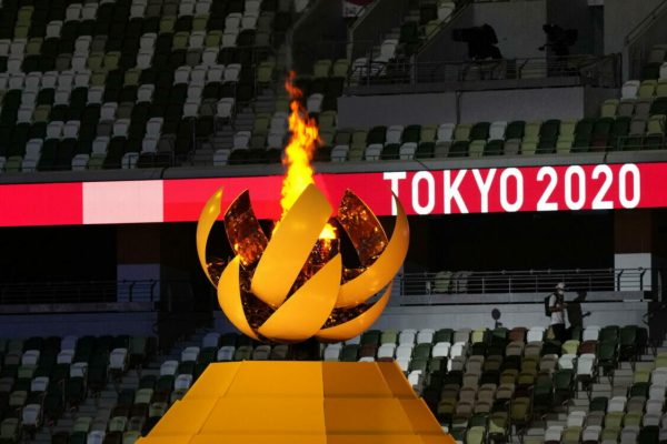 epa09360157 The cauldron with the Olympic flame is lit
during the Opening Ceremony of the Tokyo 2020 Olympic Games at the Olympic Stadium in Tokyo, Japan, 23 July 2021.  EPA/KIMIMASA MAYAMA