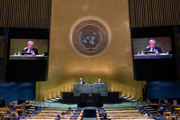 UNITED NATIONS, May 7, 2021  United Nations Secretary-General Antonio Guterres (on the screens) speaks at a UNGA informal dialogue at the UN headquarters in New York, on May 7, 2021. The United Nations General Assembly (UNGA) on Friday held an informal dialogue with the incumbent United Nations Secretary-General Antonio Guterres, also the sole candidate for the position of the next UN secretary-general. (Eskinder Debebe/UN Photo/Handout via Xinhua) (Credit Image: © Eskinder Debebe/Un/Xinhua via ZUMA Press)