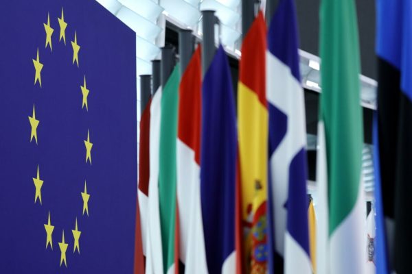 epa11186036 A logo of European Parliament is displayed before a debate on European Security and Defence at the European Parliament in Strasbourg, France, 28 February 2024. The EU Parliament's session runs from 26 to 29 February 2024.  EPA/RONALD WITTEK