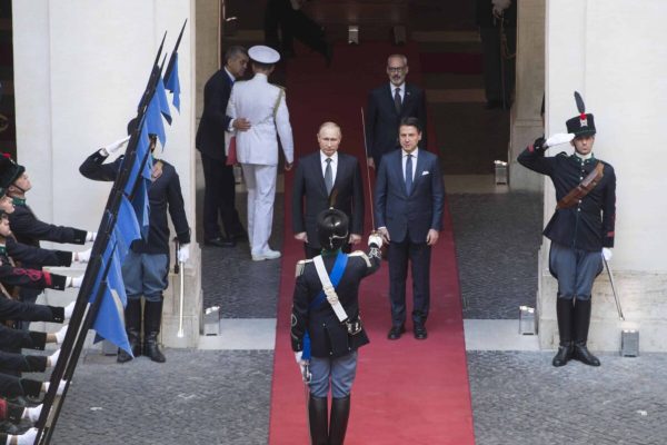 Italian Prime Minister Giuseppe Conte with Russian President, Vladimir Putin, during their meeting at the Chigi Palace in Rome, Italy, 04 July 2019.
ANSA/CHIGI PALACE PRESS OFFICE/FILIPPO ATTILI
+++ ANSA PROVIDES ACCESS TO THIS HANDOUT PHOTO TO BE USED SOLELY TO ILLUSTRATE NEWS REPORTING OR COMMENTARY ON THE FACTS OR EVENTS DEPICTED IN THIS IMAGE; NO ARCHIVING; NO LICENSING +++