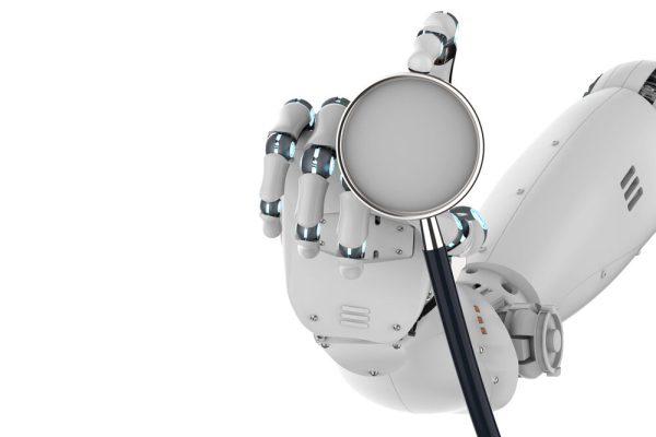 3d,Rendering,Robot,Hand,Or,Cyborg,Hand,Holding,Stethoscope