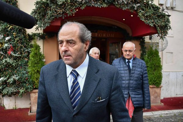 Antonio Di Pietro e Elio Lannutti escono dall'hotel Forum, dopo aver incontrato Beppe Grillo, Roma 17 dicembre 2019.   ANSA / ALESSANDRO DI MEO