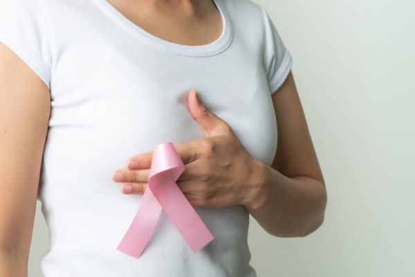 Pink,Badge,Ribbon,On,Woman,Hand,Touching,Chest,To,Support