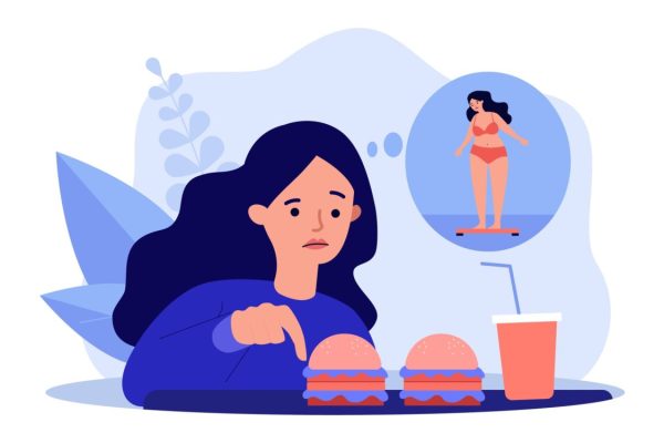 Girl,Worrying,About,Her,Appearance,,Eating,Fast,Food.,Flat,Vector