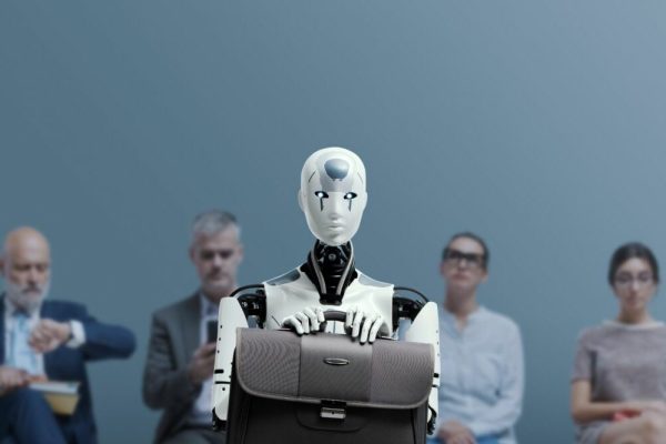 Business,People,And,Humanoid,Ai,Robot,Sitting,And,Waiting,For