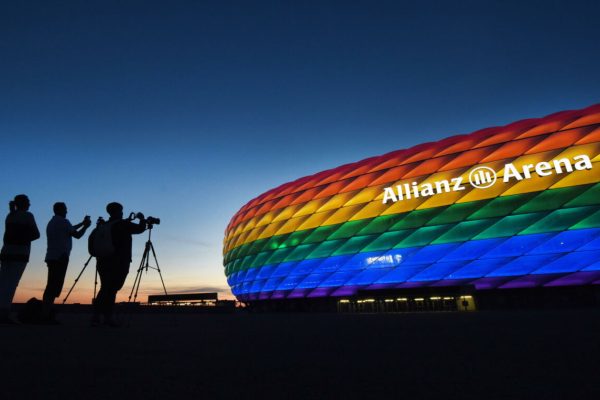 epa09292925 (FILE) - The facade of the landmark 'Allianz Arena' stadium is illuminated in the rainbow colors of the LGBT (Lebian, Gay, Bisexual and Transgender) movement to mark the Christopher Street Day, in Munich, Germany, 09 July 2016 (reissued 2 June 2021). The UEFA has declined a request from Munich authorities to illuminate the stadium's facade in rainbow colours for the UEFA Euro 2020 group stage match Germany vs Hungary to be held on 23 June 2021. "Given the political context of this specific request -- a message aiming at a decision taken by the Hungarian national parliament -- UEFA must decline this request," the football governing body said.  EPA/TOBIAS HASE  GERMANY OUT *** Local Caption *** 52880173