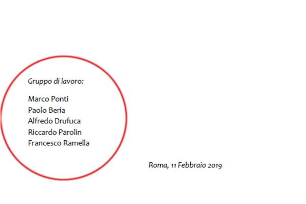 Riporta la firma di cinque commissari l'analisi costi-benefici, pubblicata dal Mit, che boccia la Torino-Lione, Roma, 12 febbraio 2019. Il sesto, l'ingegnere Pierluigi Coppola, non ha sottoscritto il documento. Fonti del Ministero delle infrastrutture trasporti precisano che "il professor Pierluigi Coppola non ha partecipato, in specifico, alla stesura delle relazione sulla analisi costi-benefici sulla Tav Torino-Lione". ANSA/ MINISTERO INFRASTRUTTURE E TRASPORTI    +++ ANSA PROVIDES ACCESS TO THIS HANDOUT PHOTO TO BE USED SOLELY TO ILLUSTRATE NEWS REPORTING OR COMMENTARY ON THE FACTS OR EVENTS DEPICTED IN THIS IMAGE; NO ARCHIVING; NO LICENSING +++