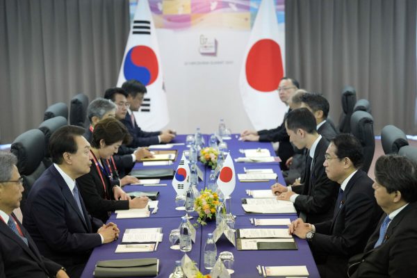 May 21, 2023, Hiroshima, Japan: Japan's Prime Minister Fumio Kishida and South Korean President Yoon Suk Yeol speak during their bilateral meeting at the International Conference Center Hiroshima (ICCH) at the Group of Seven (G-7) nations' meetings Sunday, May 21, 2023, in Hiroshima, western Japan. (Credit Image: © POOL via ZUMA Press Wire)