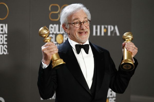 epa10399365 US director Steven Spielberg poses with the awards for Best Director of a Motion Picture and Best Motion Picture  Drama in the press room during the 80th annual Golden Globe Awards ceremony in Beverly Hills, California, USA, 10 January 2023. Artists in various film and television categories are awarded Golden Globes by the Hollywood Foreign Press Association.  EPA/CAROLINE BREHMAN