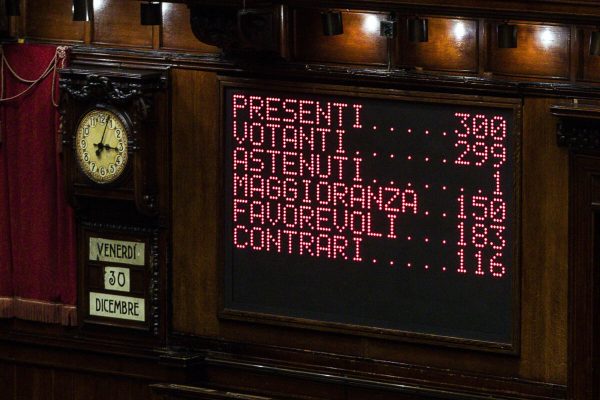 Il tabellone con il risultato del voto durante il voto alla Camera sul decreto recante misure urgenti in materia di giustizia, dl rave, Roma, 30 dicembre 2022. ANSA/ANGELO CARCONI