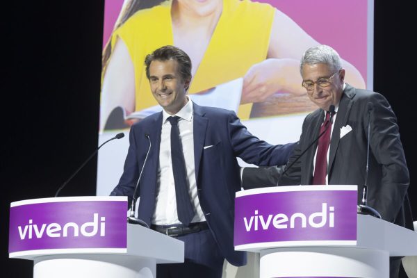 April 25, 2022, Paris, France, France: Paris, France April 25, 2022 - General shareholders meeting of Vivendi. French media giant Vivendi reported a 13.4% increase in revenues in the first quarter, driven by Canal+ and a rebound at Havas - Arnaud de Puyfontaine, Yannick Bollore..VIVENDI, CAC40, CAC 40, AG, ASSEMBLEE GENERALE DES ACTIONNAIRES, ECONOMIE, FINANCE, MEDIAS, PATRONS, DIRIGEANTS. (Credit Image: © Vincent Isore/IP3 via ZUMA Press)