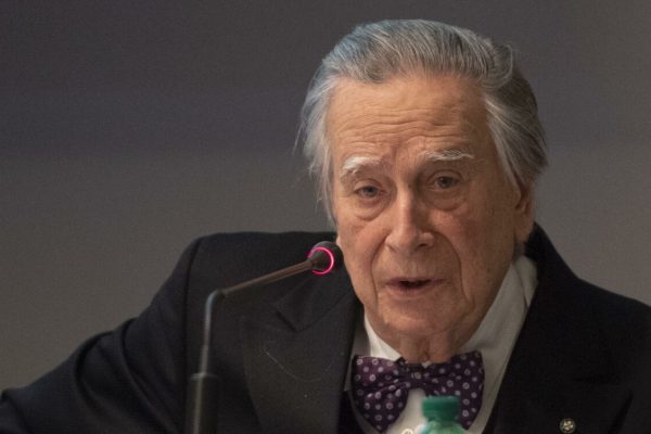 L'intervento dell'architetto Paolo Portoghesi, coautore del libro, alla presentazione del volume "La Costituzione italiana e il Palazzo della Consulta" a Roma, 21 febbraio 2019.  ANSA/MAURIZIO BRAMBATTI