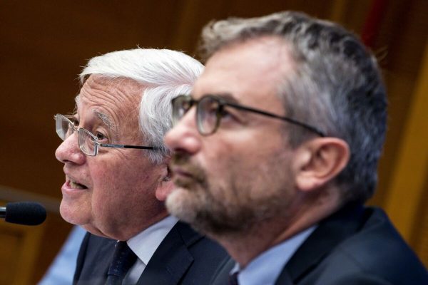 Il presidente Svimez Adriano Giannola (S) con il direttore Svimez Luca Bianchi durante la presentazione del Rapporto Svimez 2019 sull'economia e la società del Mezzogiorno presso l'aula dei Gruppi Parlamentari, Roma, 04 novembre 2019. ANSA/ANGELO CARCONI