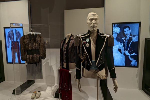 PRODUCTION - 03 August 2023, Great Britain, London: Clothes from the estate of the British rock singer Freddie Mercury. Mercury wore the military-look jacket at the celebration of his 39th birthday in Munich. The exhibition "Freddie Mercury - A World Of His Own" in London provides insights into the private life and musical career of the Queen frontman. The auction house Sotheby's is auctioning off more than 1,400 items from the estate of the Queen frontman, who died in 1991, which will be on public display until September 5. Photo: Philip Dethlefs/dpa - ATTENTION: For editorial use only in connection with coverage of the auction at Sotheby's and only with full attribution of the above credit