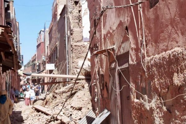 I danni causati dalla forte scossa di terremoto nel quartiere della kasbah, nella Medina di Marrakech, 9 settembre 2023. ANSA/ OLGA PISCITELLI